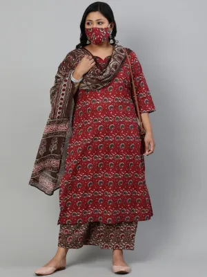 Women Maroon & Taupe Floral Printed Straight Kurta With Plazo & Dupatta