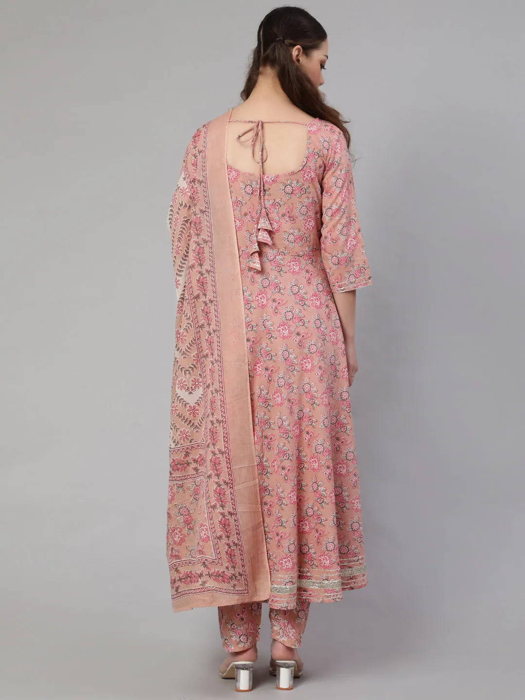 Women Mauve Floral Printed Anarkali Kurta With Trouser And Dupatta