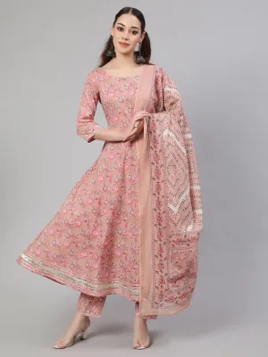 Women Mauve Floral Printed Anarkali Kurta With Trouser And Dupatta