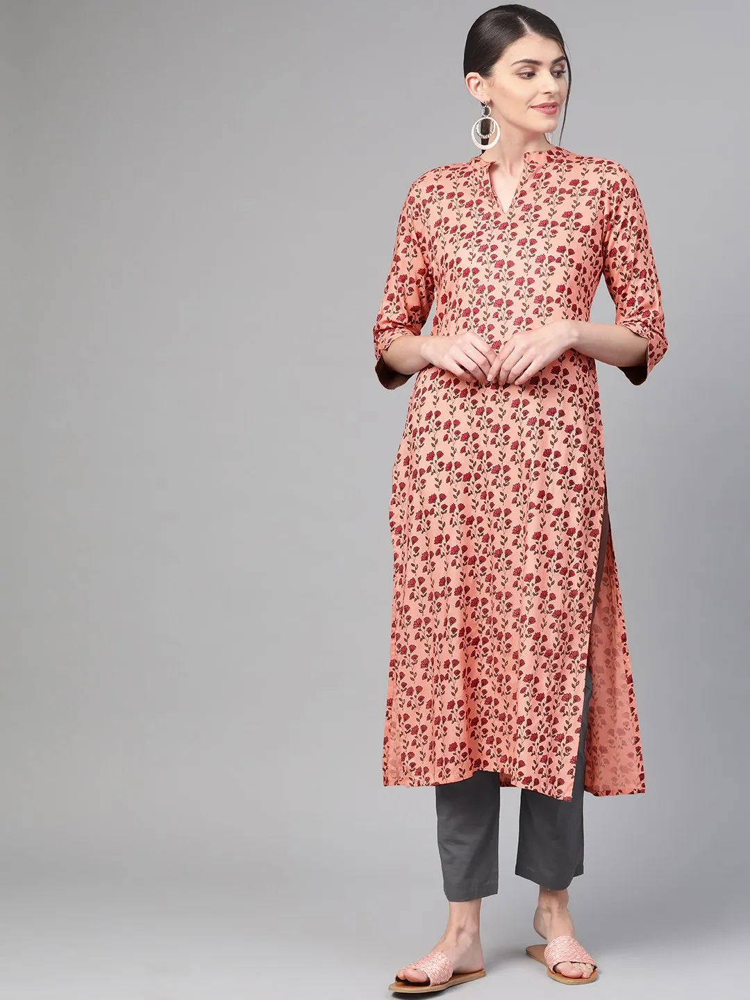 Women Peach & Burgundy Straight Floral Printed Kurta And Trousers Set