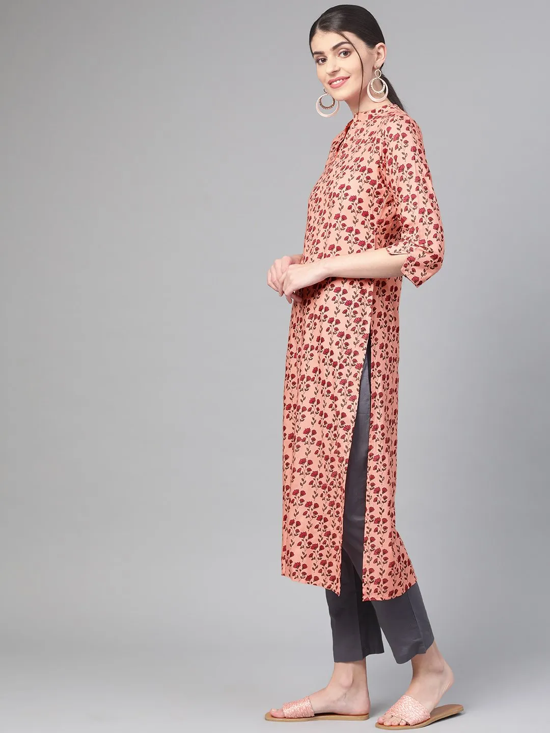 Women Peach & Burgundy Straight Floral Printed Kurta And Trousers Set