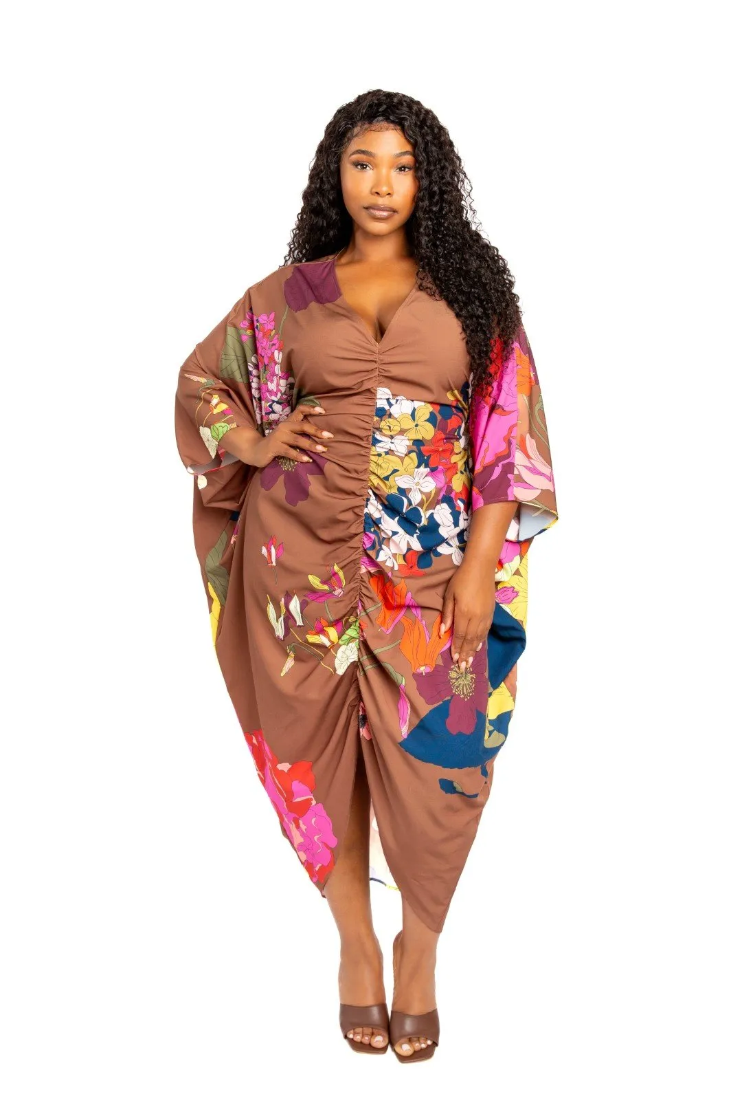 Women's Printed ruched kaftan dress with inside waist tie