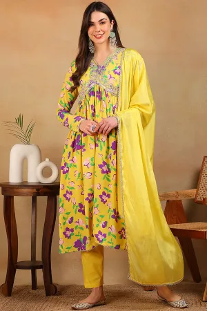 Yellow Poly Georgette Floral Printed Flared Empire Suit Set